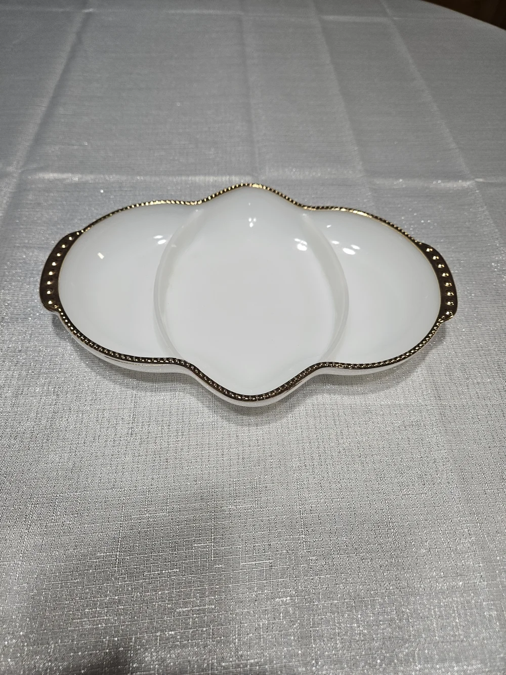 Fire King Milk Glass Divided Serving Dish with Gold Trim